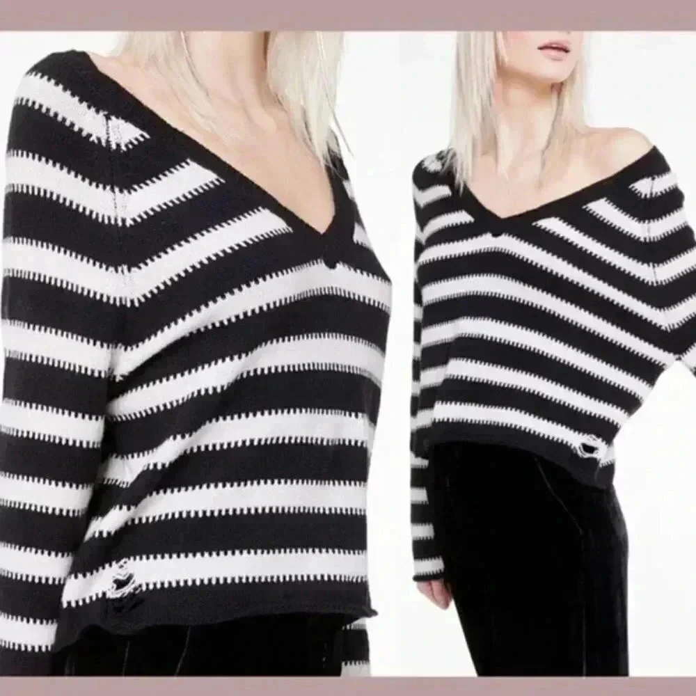 Wildfox Distressed Striped Vneck Sweater Black White